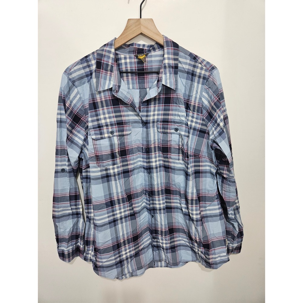 Eddie Bauer Womens Blue Plaid Nylon Hiking Roll Tab Button Down Shirt Medium
